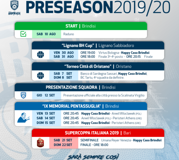 Happy Casa Brindisi, il calendario ufficiale della preseason 2019/20